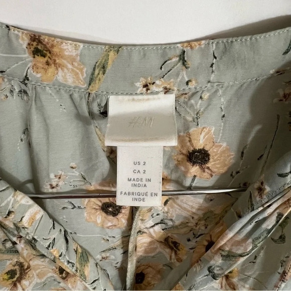 H&M Dress Size 2 Floral Sage Green Yellow Oversized Fit Long Balloon Sleeve Thin - Picture 7 of 7